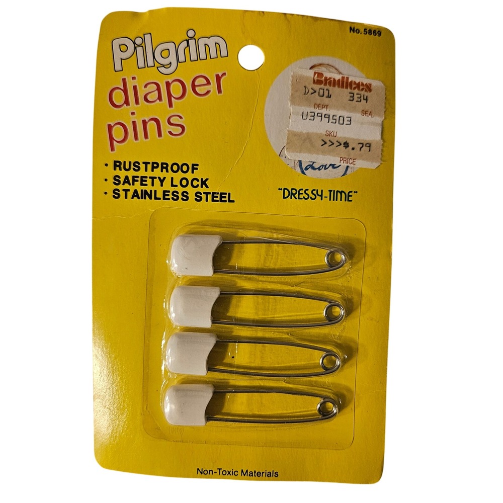 Vintage Pilgrim Diaper Pins Stainless Steel Rustproof Safety Lock New on Card